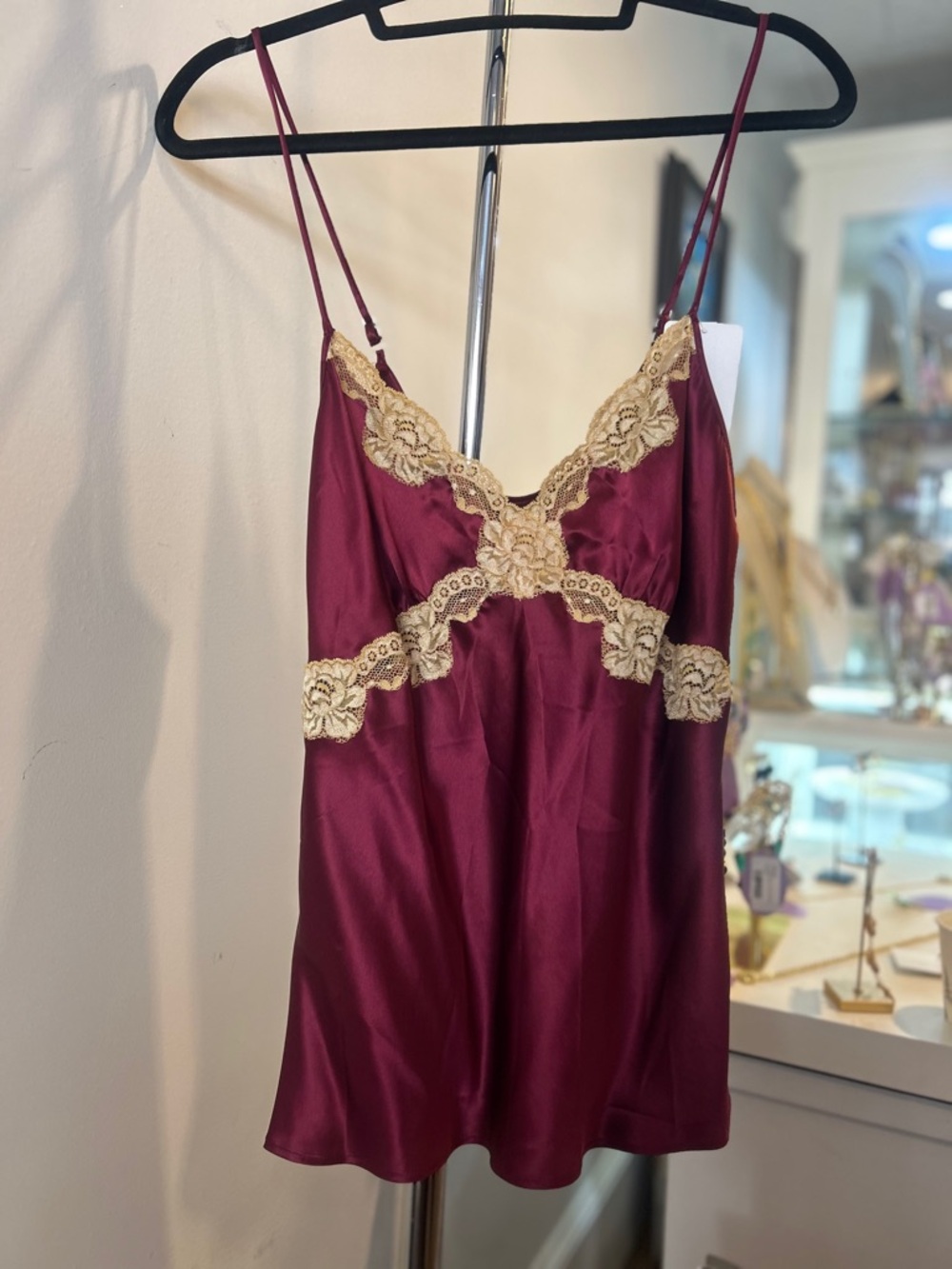 Burgundy Satin Chemise with Cream Lace Trim